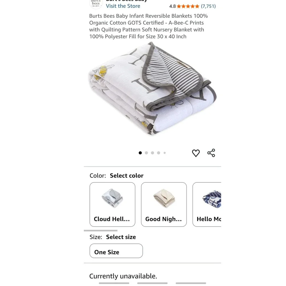 Burts Bees Baby Organic Cotton Reversible A-Bee-C Quilted Blanket Grey White